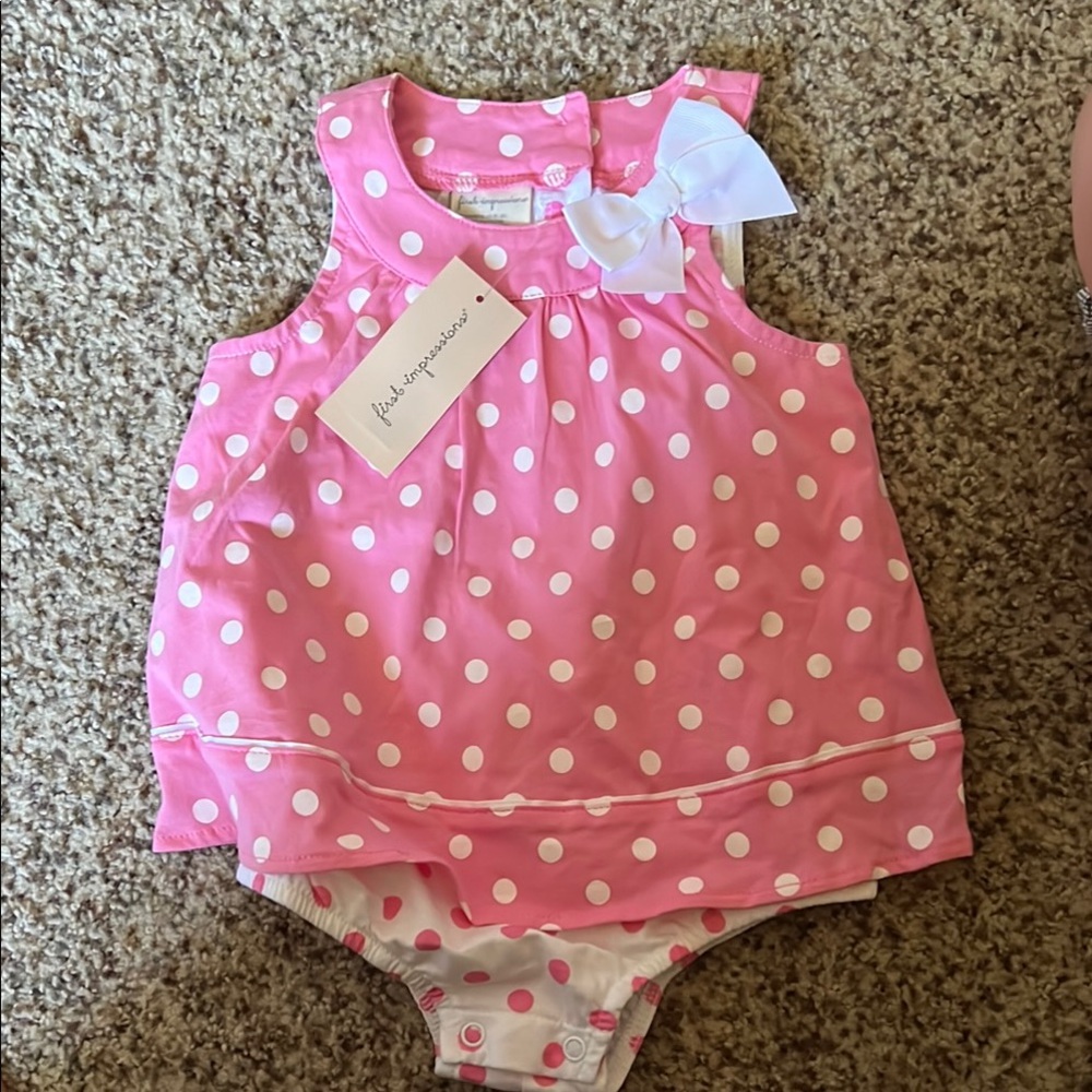 First Impressions Pink and White Polka Dot Baby Romper
